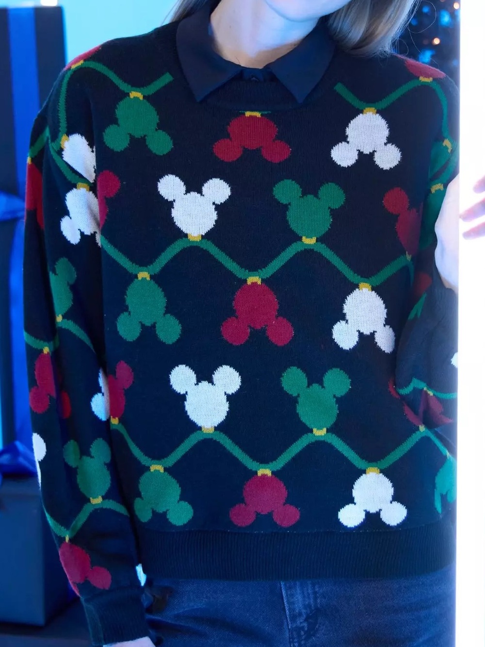 Her Universe Black Crewneck Sweater with Red, Green and White Pattern